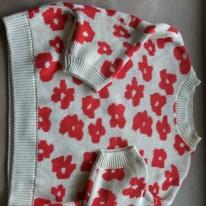 Cream Crewneck Sweater with Red Floral Intarsia - Women's